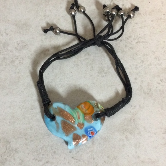 Blue cloisonné heart on black cord bracelet - Picture 2 of 8